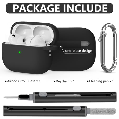 Ljusmicker for AirPods Pro 3 Case 2025 with Cleaner Kit,Black | Soft Silicone Protective Cover for Apple AirPod Pro 3rd Generation Case with Keychain for Women Men,Shockproof - color: A-Black