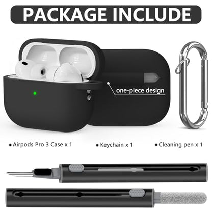 Ljusmicker for AirPods Pro 3 Case 2025 with Cleaner Kit,Black | Soft Silicone Protective Cover for Apple AirPod Pro 3rd Generation Case with Keychain for Women Men,Shockproof - color: A-Black