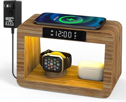 Bamboo Charging Station for Multiple Devices, 15W Fast Wireless Charger Night Light with 3 Color& 4 Adjustable Brightness, Night Stand Charger Station for iPhone/iWatch/AirPods (6955)