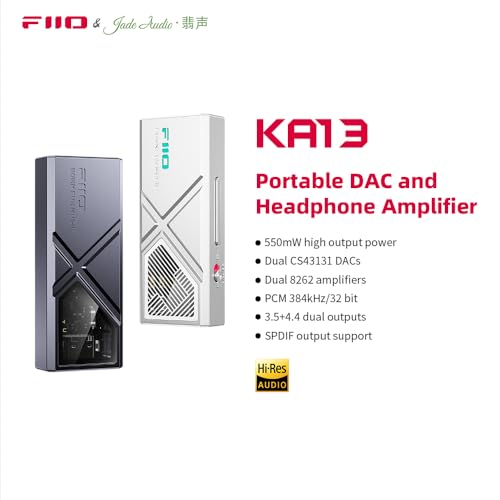 FiiO/JadeAudio KA13 Portable DAC Dongle, USB-C Adapter, 3.5mm and 4.4mm Outputs Compatible with Android/iOS System/PC/Music Players, PCM 384kHz/32bit | DSD256 550mW high Power (Silver) - color: Silver