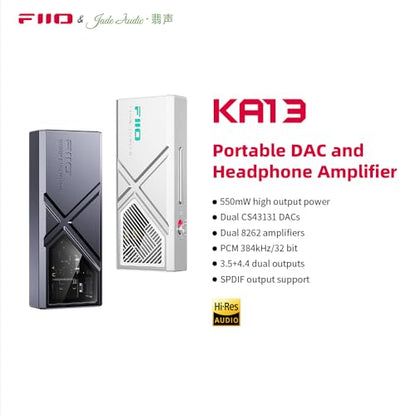 FiiO/JadeAudio KA13 Portable DAC Dongle, USB-C Adapter, 3.5mm and 4.4mm Outputs Compatible with Android/iOS System/PC/Music Players, PCM 384kHz/32bit | DSD256 550mW high Power (Silver) - color: Silver