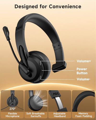 AOC Wireless Headset with Microphone for Work, AI ENC Noise Cancelling Bluetooth 6.0 Headset, 45H Playtime Mono Office Headset with 2.4G Dongle