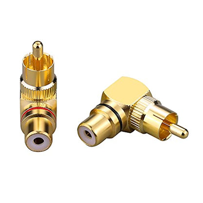 4 Pcs RCA 90 Degree Adapter Gold-Plated Right Angle RCA for Wall Mount TV | 90° Space-saver, Gold-plated resists corrosion, Heavy-duty with 360° grip ring, Fits DVD/TV/soundbar/AV, for wall TV & sub