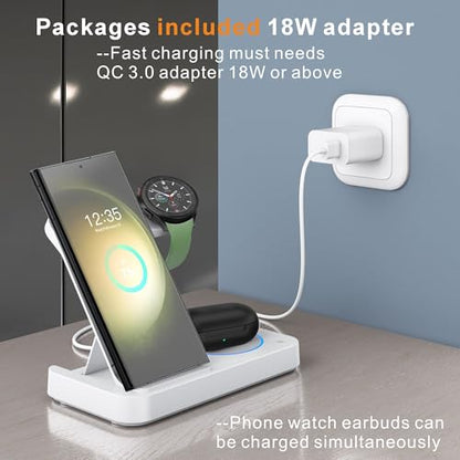 3 in 1 Charging Station for Samsung Android: Wireless Phone and Watch Charger for Galaxy S26 Ultra/S25 Ultra/S24/S23/Z Fold, Wireless Charger Stand for Galaxy Watch 9/8/7/6/5 Earbuds 4/3/Pro (Black) - color: Black