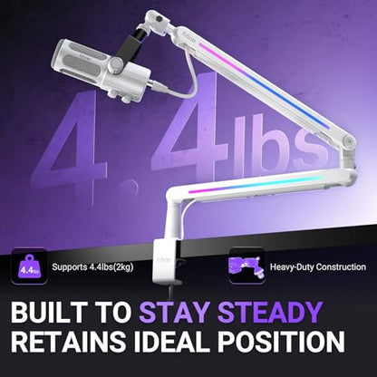 FIFINE BM88ProW RGB Low Profile Microphone Boom Arm for Gaming Streaming | Rotatable Desk Mount Mic Stand, Cable Management, RGB Control for Podcast, - color: white