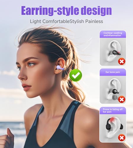 King Lucky i21 Open Ear Clip On Earbuds Wireless Bluetooth Ear Clip Headphones with Mic,Noise Cancelling, Waterproof IPX4,for Small Ears,Perfect for Running,Sports,Glasses Wearers (Purple) - color: Purple
