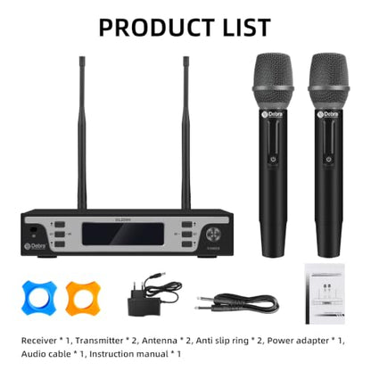 Debra Wireless Microphone System, UHF Dual Handheld Metal Mics with LCD Screen, 262ft Long Range, Cardioid Dynamic Mic for Clear Vocal, XLR/6.35mm Output for Karaoke, Party, Church, Live Performance