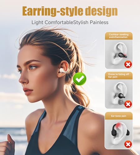 King Lucky i21 Open Ear Clip On Earbuds Wireless Bluetooth Ear Clip Headphones with Mic,Noise Cancelling, Waterproof IPX4,for Small Ears,Perfect for Running,Sports,Glasses Wearers (White) - color: White