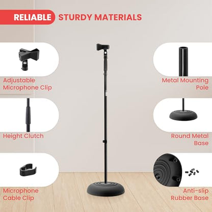 Pyle Adjustable Height Microphone Stand, 36.2" - 63.7” Inches Universal Mic Holder, Compact Design, Sturdy and Lightweight, Ideal for Studio and Concerts, With Mic Clip, Rubber Base (Black) - style: Round Base Floor Mic Stand
