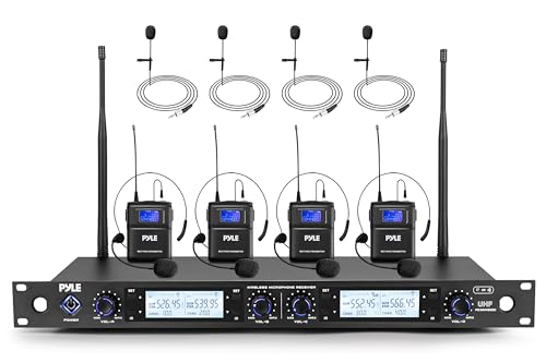 Pyle 4 Channel UHF Wireless Microphone System with 4 Lavalier & 4 Headset Mics, 300 Ft Range, Rack Mount Receiver for Conferences, Events & PA Systems - style: 4-Channel Lavalier-Headset