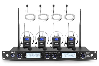 Pyle 4 Channel UHF Wireless Microphone System with 4 Lavalier & 4 Headset Mics, 300 Ft Range, Rack Mount Receiver for Conferences, Events & PA Systems - style: 4-Channel Lavalier-Headset