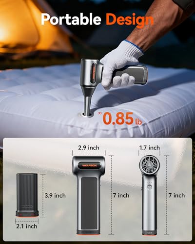 WOLFBOX MF200 Compressed Air Duster, Removable Battery, Car Cleaning, Home | 4 Nozzles, Cordless, 3-Speed Adjustable, Mini Blower, Computer Keyboard, Outdoor Use, 0.85 lb Portable, 2 Brushes