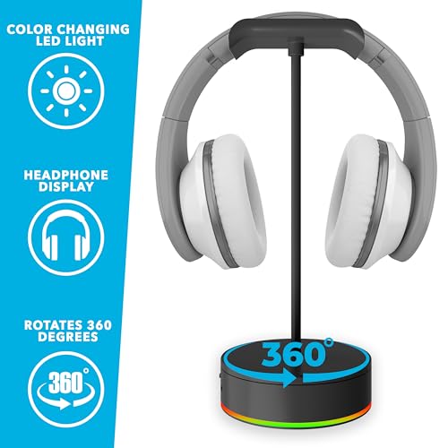 Rotating Headphone Display Stand for Desk with LED Lights - Spinning Gaming Headset Stand (Black)