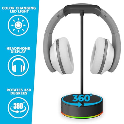 Rotating Headphone Display Stand for Desk with LED Lights - Spinning Gaming Headset Stand (Black)