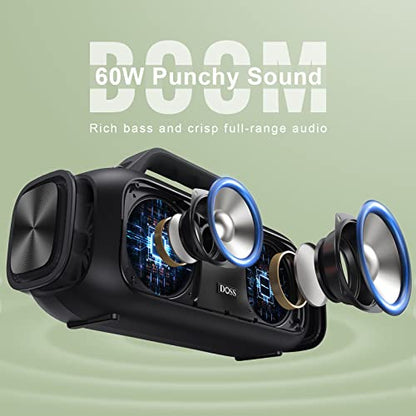 DOSS Extreme Boom Portable Bluetooth Speaker with 60W Mighty Sound-Black | 60W Deep Bass, 30H Playtime,10400mAh Power Bank, IPX6 Waterproof, TWS, BT 5.3, For Camping, Beach, Pool, Grage, Parties. - color: Black