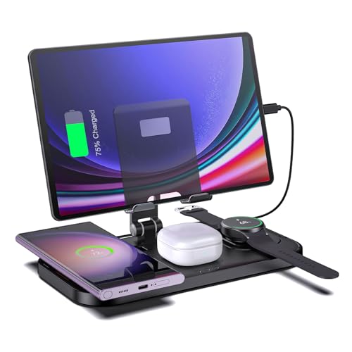 Wireless Charger for Samsung, 4 in 1 Charging Station for Samsung, Foldable Charging Stand for Galaxy S25 Ultra/S24/S23/Z Fold 7/Flip7/Note 20/Galaxy Watch 8/7/6/5 Pro/Galaxy Buds Pro3/Android/Tablet