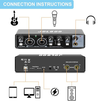 Jolgoo 2x2 USB Audio Interface, 24-Bit/192kHz Phantom Power Recording Card | 24-Bit/192kHz Studio Quality, +48V Phantom Power, Low Latency, for Recording and Podcasting
