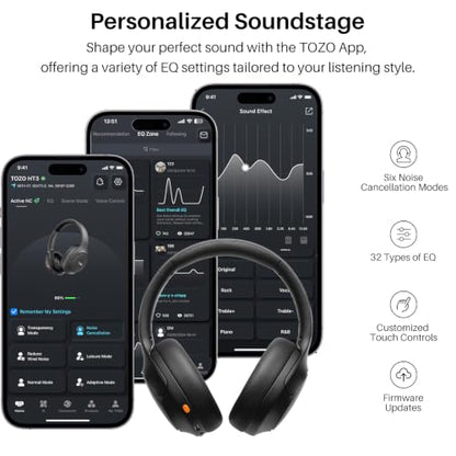 TOZO HT3 Hybrid Noise Cancelling Wireless Headphones, 90H Over Ear Headset | Hi Res Audio, AI Voice Assistant, Dual Device Connection, 32 Custom EQs, Built In 5 Mics, ANC, Foldable, Bluetooth 6.0 - color: Titanium Black
