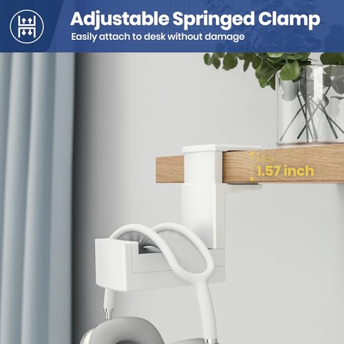 Dual Headphone Stand Holder - EURPMASK 2 in 1 PC Gaming Headset Hooks, 360 Degree Rotating Headphone Hanger with Adjustable Clamp & Cable Clip Organizer, Headset Mount Under Desk Earphone Clamp-White - color: White