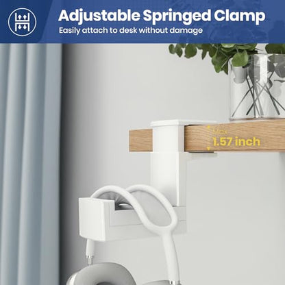 Dual Headphone Stand Holder - EURPMASK 2 in 1 PC Gaming Headset Hooks, 360 Degree Rotating Headphone Hanger with Adjustable Clamp & Cable Clip Organizer, Headset Mount Under Desk Earphone Clamp-White - color: White