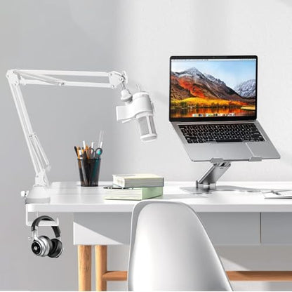 White Mic Wall Mount and Microphone Boom Arm Desktop Clamp Stand compatible with Shure FIFINE Blue Yeti,Razer,HyperX Mic Kit for Broadcasting, Podcasts,Streaming and Gaming