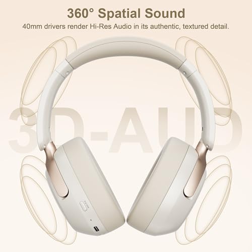 LORELEI QC30 Hybrid Active Noise Cancelling Headphones,Over-Ear Wireless Bluetooth,Beige Protein Leather, Active Noise Control & Transparency Mode,Deep Bass, Built-in Mic - color: Beige White
