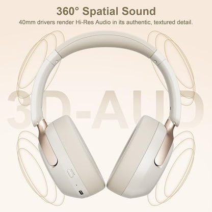 LORELEI QC30 Hybrid Active Noise Cancelling Headphones,Over-Ear Wireless Bluetooth,Beige Protein Leather, Active Noise Control & Transparency Mode,Deep Bass, Built-in Mic - color: Beige White