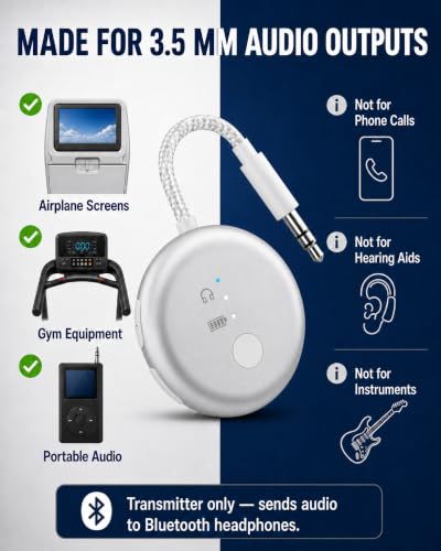 Avantree SoundJet R1 - Airplane Bluetooth Adapter for AirPods, 25H | Qualcomm aptX Adaptive & HD, dual-headphone pairing, 25-hour battery, USB-C charging, and single/dual airline plugs - color: 5. Silver