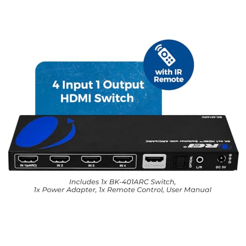 OREI 8K 4-Port HDMI Switch, 4-in 1-Out eARC, Audio Extractor, 8K@60Hz, HDR | hdmi switcher 4 in 1 out, hdmi switch with remote, eARC, HDCP 2.3, EDID, Optical & L/R Audio Out, PS5/Xbox