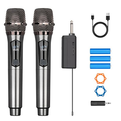 Depusheng Wireless Microphone,Rechargeable Wireless Dual Mic,Dual Handheld Dynamic Mic for Karaoke Singing, Wedding, DJ, Party, Speech, Church, Class Use,PA System,200ft,Gray (Two Microphone)