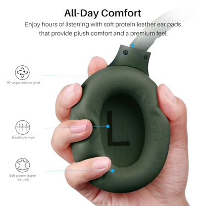 TOZO HT3 Hybrid Noise Cancelling Wireless Headphones, 90H Over Ear Headset | Hi Res Audio, AI Voice Assistant, Dual Device Connection, 32 Custom EQs, Built In 5 Mics, ANC, Foldable, Bluetooth 6.0 - color: Green