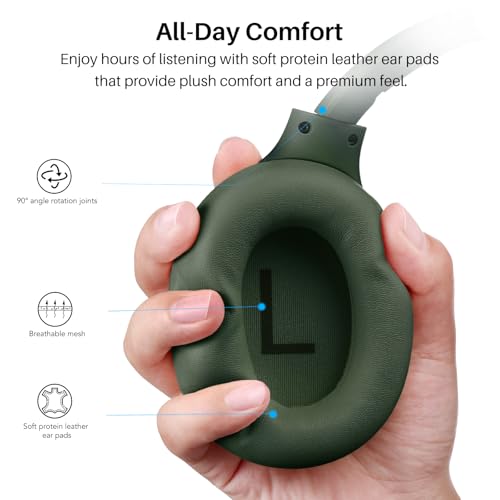 TOZO HT3 Hybrid Noise Cancelling Wireless Headphones, 90H Over Ear Headset | Hi Res Audio, AI Voice Assistant, Dual Device Connection, 32 Custom EQs, Built In 5 Mics, ANC, Foldable with Case - color: Matte Green