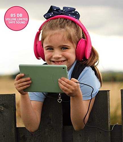 PowerLocus Kids Headphones Over-Ear, Bluetooth Wireless Headphones for Kids,with Microphone, Safe 85DB Volume Limited, Foldable with Carry Case, Audio Cable, Micro SD mode for Online Classes,PC,Phones - color: Pink