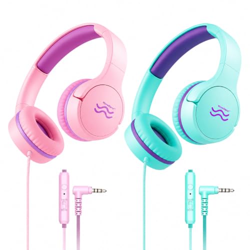 2-Pack Wired Kids Headphones with Mic, 85/94dB Volume Limiting, Foldable On-Ear Headset for School, Travel, Tablet & Laptop, 3.5mm Jack, Green/Pink/Purple - color: GreenPurple pinkpurple