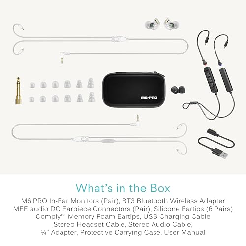 MEE audio M6 PRO Musicians' In-Ear Monitors Wired + Wireless Combo Pack: Includes IEMs, 2 Audio Cables and BT3 Hi-Res Bluetooth Audio Adapter w/aptX, LDAC, Auracast Support, & Built-In Headset (Clear) - color: Clear, style: IEMs + Bluetooth Adapter