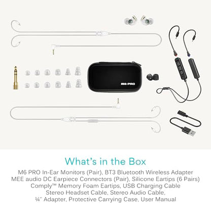 MEE audio M6 PRO Musicians' In-Ear Monitors Wired + Wireless Combo Pack: Includes IEMs, 2 Audio Cables and BT3 Hi-Res Bluetooth Audio Adapter w/aptX, LDAC, Auracast Support, & Built-In Headset (Clear) - color: Clear, style: IEMs + Bluetooth Adapter