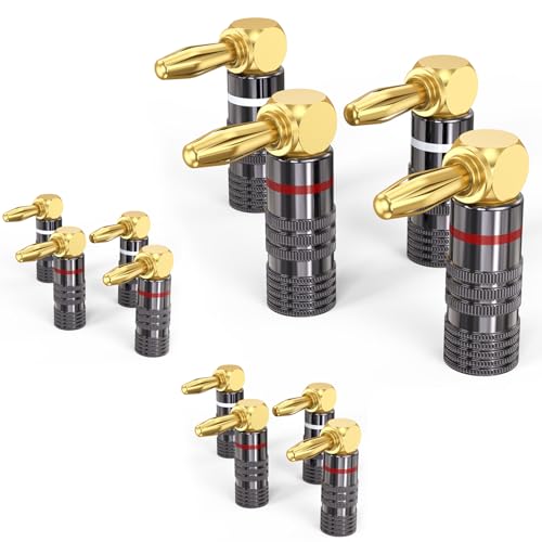 Right Angle Banana Plugs for Speaker Wire 6 Pairs/12 PCS, 90 Degree Speaker Banana Plugs Connector 24K Gold Plated for A/V Receiver, Amplifier, Sound System, Wall Plate, Home Theater - size: 6 Pairs(Right Angle)