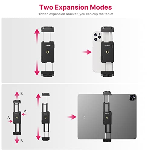 ULANZI ST-29 Phone Tripod Mount, 2-in-1 Tablet Smartphone Holder Adapter | Cold Shoe Mount, Dual 1/4" Screw Holes for tripod, 2.6"-8.8" Extend Clip Clamp Compatible with iPad, iPhone, Android