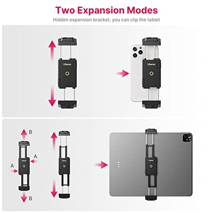 ULANZI ST-29 Phone Tripod Mount, 2-in-1 Tablet Smartphone Holder Adapter | Cold Shoe Mount, Dual 1/4" Screw Holes for tripod, 2.6"-8.8" Extend Clip Clamp Compatible with iPad, iPhone, Android