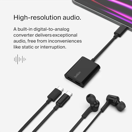 Belkin RockStar USB-C Audio + Charge Adapter, Headphone Adapter w/ USB-C 60W Power Delivery Fast Charging for iPhone, iPad Pro, Galaxy, Note, Google Pixel, LG G6, Sony Xperia, OnePlus, & More - Black | Headphone jack plus USB-C charging pass-through, comp