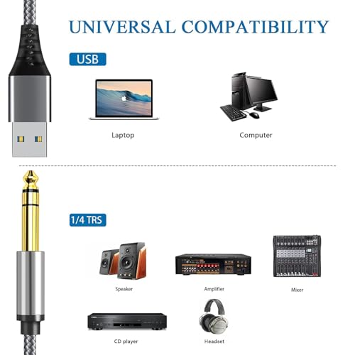 USB to 1/4 inch TRS Audio Stereo Cable 6.6FT,USB-A to 6.35mm Quarter inch Aux Jack Stereo Audio Cable for PC, Laptop, Amplifier, Mixer, Home Theater, Speaker ect - size: 6.6FT, style: USB to 1/4 TRS Audio Cable