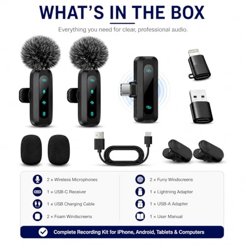 Sahara - Wireless Lavalier Microphone, 2 Clip-On Mics, USB-C Receiver, Noise Reduction, Plug & Play, Auto Pairing, 2.4GHz Wireless Mic for iPhone, Android, Vlogging & Interviews