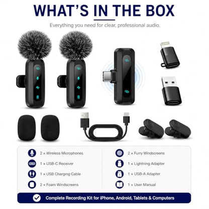 Sahara - Wireless Lavalier Microphone, 2 Clip-On Mics, USB-C Receiver, Noise Reduction, Plug & Play, Auto Pairing, 2.4GHz Wireless Mic for iPhone, Android, Vlogging & Interviews