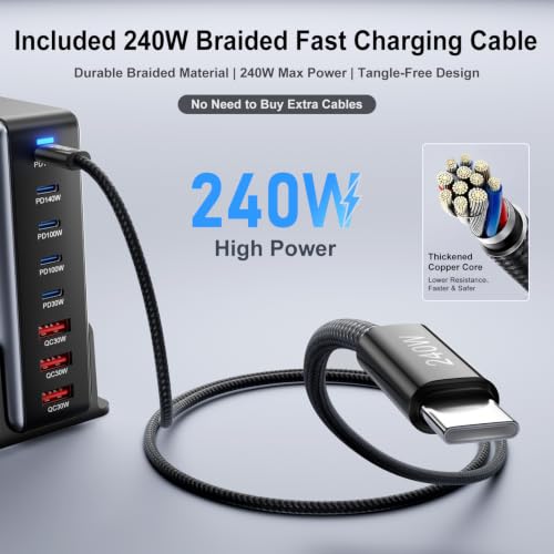 600W Fast Charging 8 Port USB C Charger Block with Nylon Fast Charging Cable, Multi-Device Charging Station Wall Desktop Charger with GaN Ⅲ Technology, USB-C Charger Adapter for MacBook/iPad/iPhone 17 - size: 600W+240W Fast Charging Cable Braided Nylon