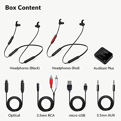 Avantree HT41866 - Dual Wireless TV Earbuds with Bluetooth Transmitter | 20-Hour Battery Life with No Lip-Sync Delay, Plus Optical, RCA, and AUX Support for Easy TV Setup.