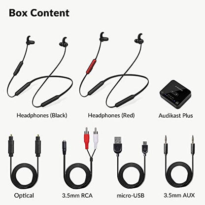 Avantree HT41866 - Dual Wireless TV Earbuds with Bluetooth Transmitter | 20-Hour Battery Life with No Lip-Sync Delay, Plus Optical, RCA, and AUX Support for Easy TV Setup.