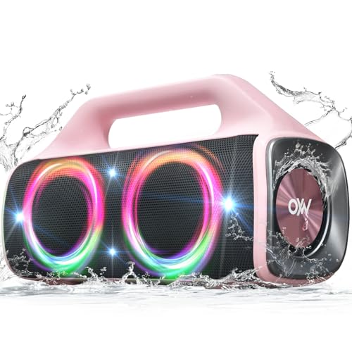 IP67 Waterproof Bluetooth Speaker:80W(Peak) Loud Outdoor Portable Wireless Party Speakers with LED Lights,20H Playtime,Bluetooth 5.3,Deep Bass & TWS for Pool,Beach (Pink) - color: Pink + Gray