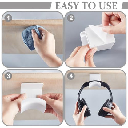 AHANDMAKER 2 Pack Headphone Stand for Desk Headphone Holder with Adhesive Gaming Headphones Hanger Under Desk Shelf Mounting Hooks for Bedroom Gaming Setup Organization, White - color: White