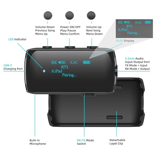 Bluetooth 5.2 Transmitter Receiver for 2 AirPods/Headphones | Flight Bluetooth Adapter for Airplane, TV, Gym with a 3.5mm Audio Jack, Wireless BT Receiver with Mic for Car/Home Stereo - color: Black