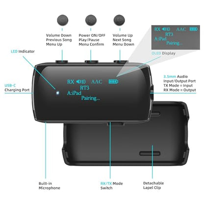 Bluetooth 5.2 Transmitter Receiver for 2 AirPods/Headphones | Flight Bluetooth Adapter for Airplane, TV, Gym with a 3.5mm Audio Jack, Wireless BT Receiver with Mic for Car/Home Stereo - color: Black